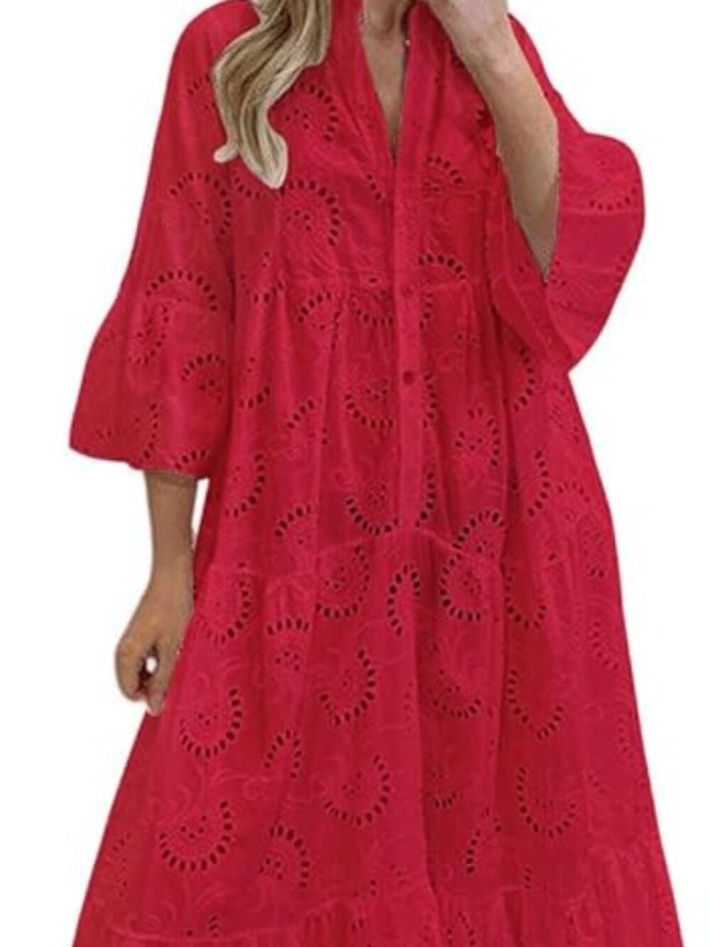 Women's 2026 Lace Eyelet Embroidery Maxi Dress V-Neck Trumpet Sleeve Boho Flowy